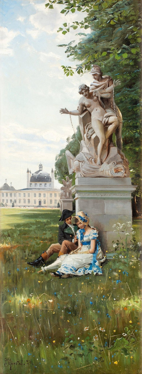People Oil Painting - Couple Resting by Garden Statue Scene - Oil Painting Haven