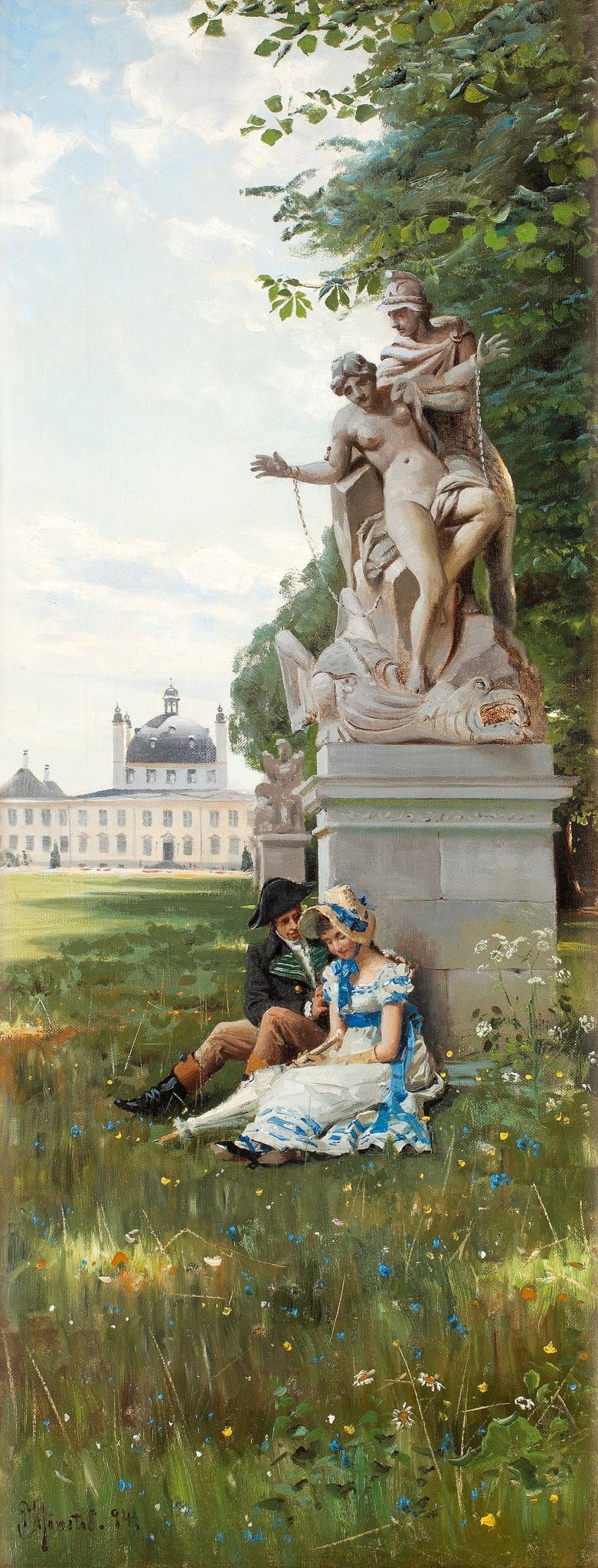 People Oil Painting - Couple Resting by Garden Statue Scene - Oil Painting Haven