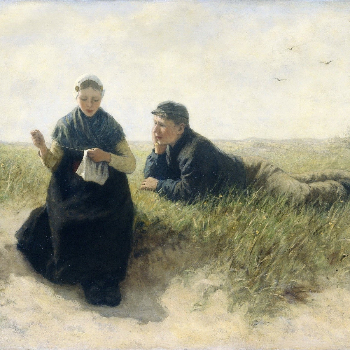 People Oil Painting - Couple Resting in Quiet Coastal Dunes - Oil Painting Haven