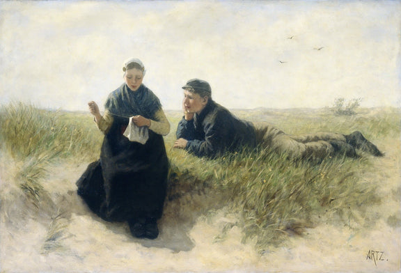 People Oil Painting - Couple Resting in Quiet Coastal Dunes - Oil Painting Haven