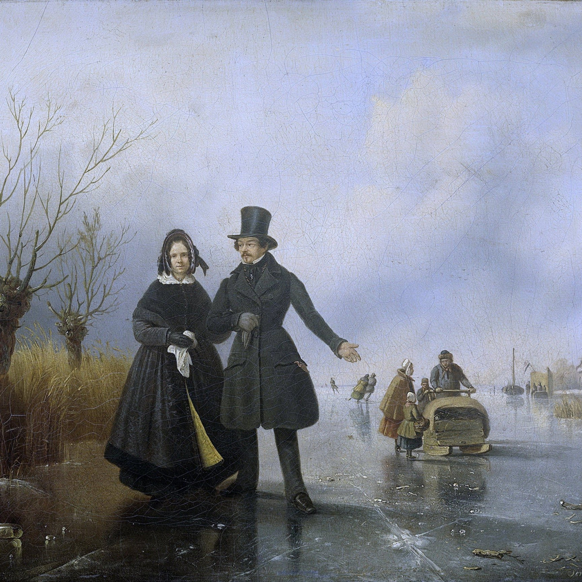People Oil Painting - Couple Walking on Frozen River Scene - Oil Painting Haven