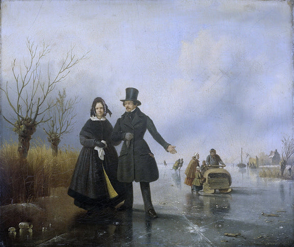People Oil Painting - Couple Walking on Frozen River Scene - Oil Painting Haven