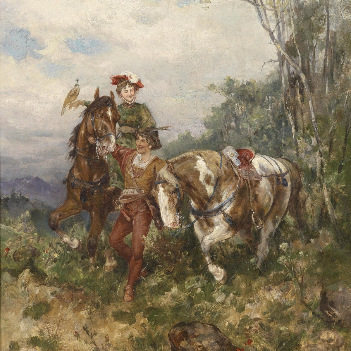 People Oil Painting - Couple with Horses in Forest Scene - Oil Painting Haven