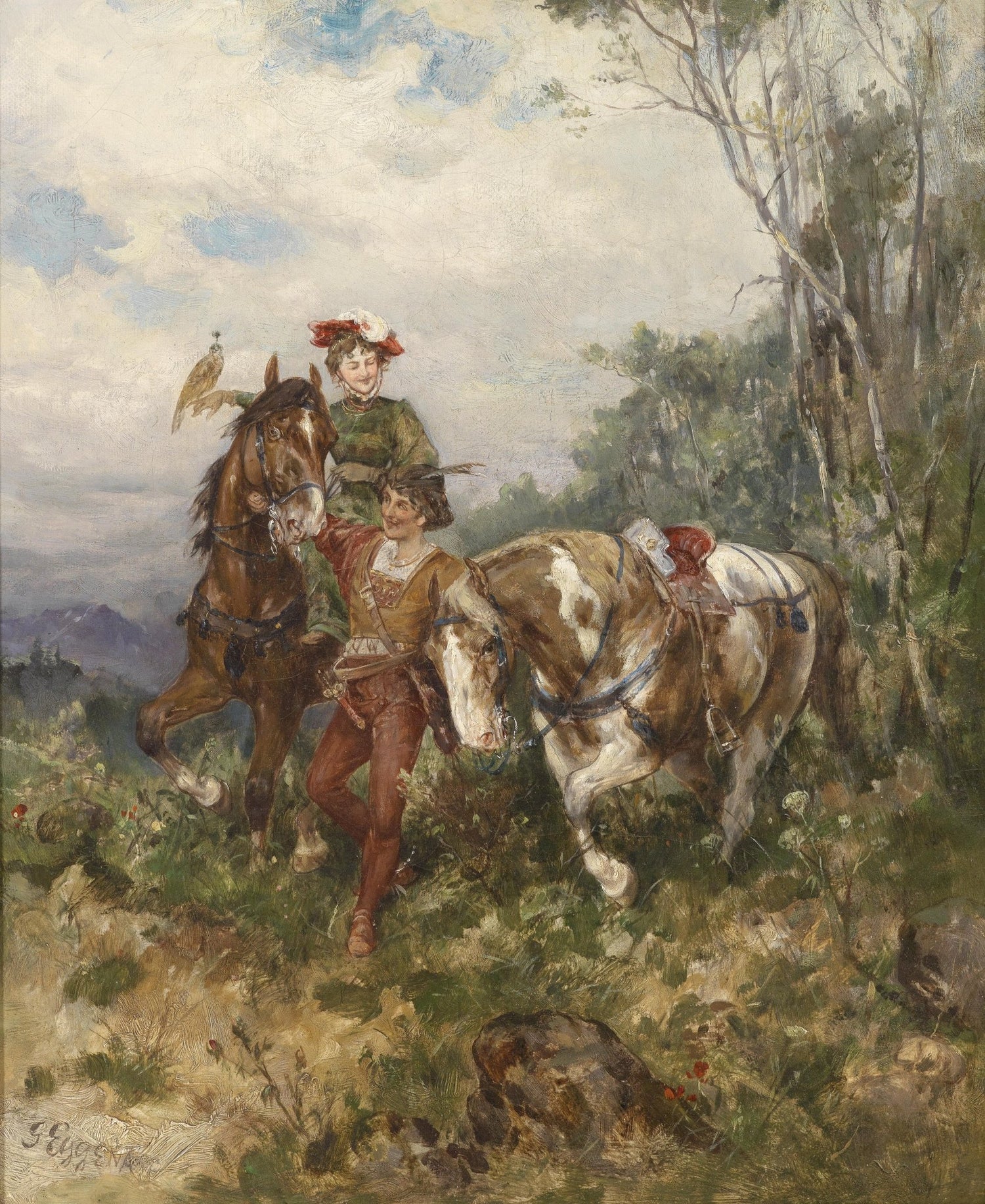 People Oil Painting - Couple with Horses in Forest Scene - Oil Painting Haven