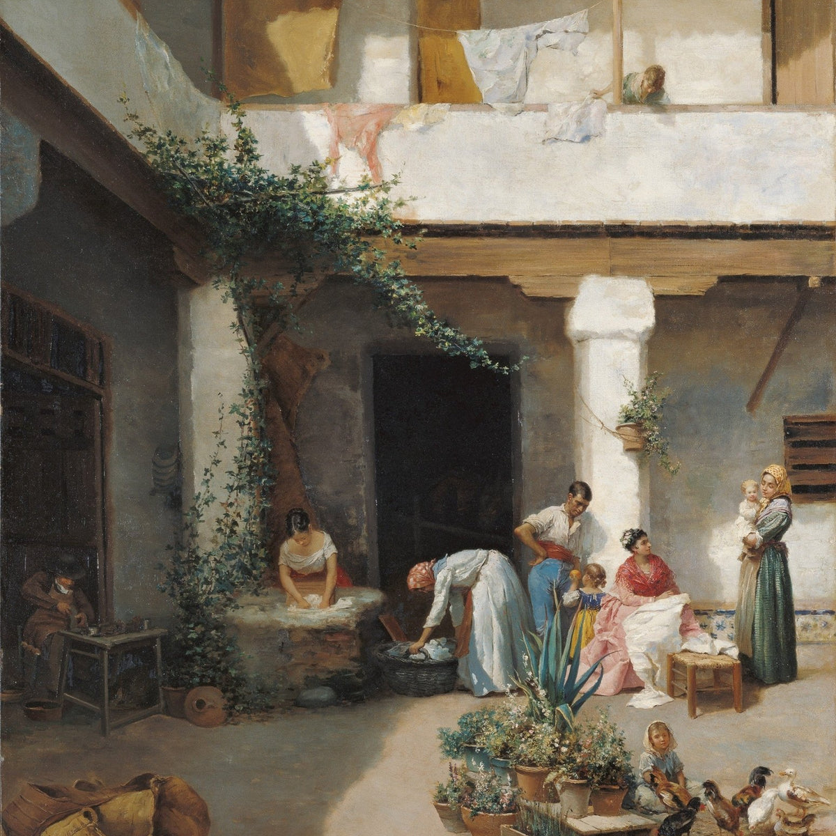 People Oil Painting - Courtyard Washing Scene with Figures - Oil Painting Haven