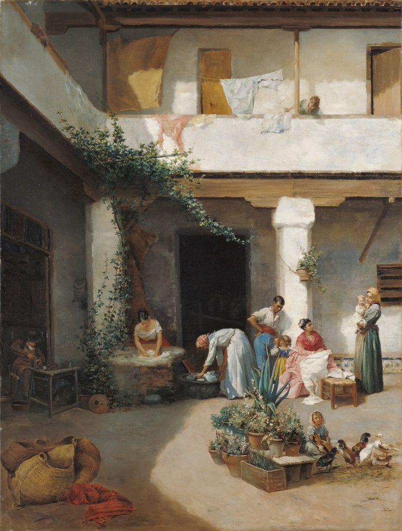 People Oil Painting - Courtyard Washing Scene with Figures - Oil Painting Haven