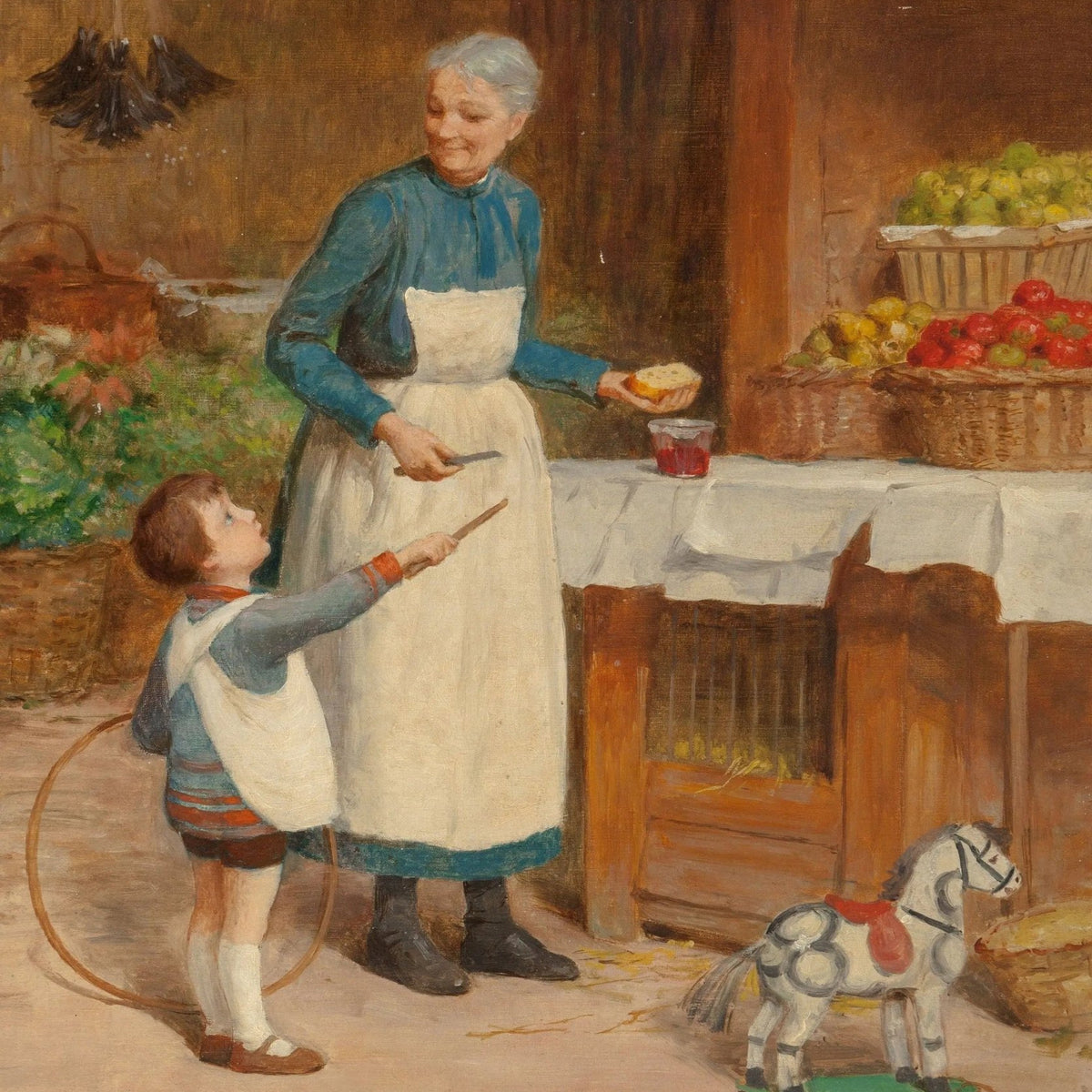 People Oil Painting - Elderly Woman and Child at Market - Oil Painting Haven