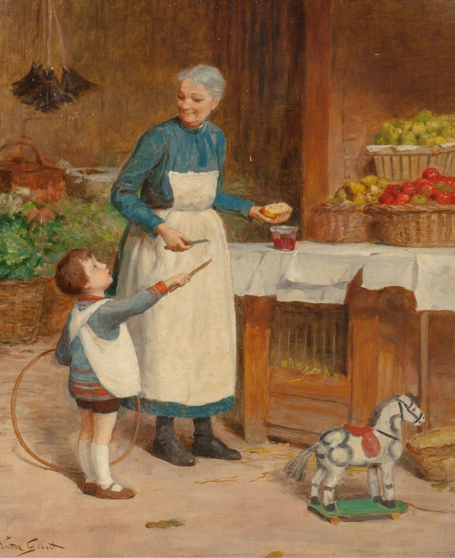 People Oil Painting - Elderly Woman and Child at Market - Oil Painting Haven