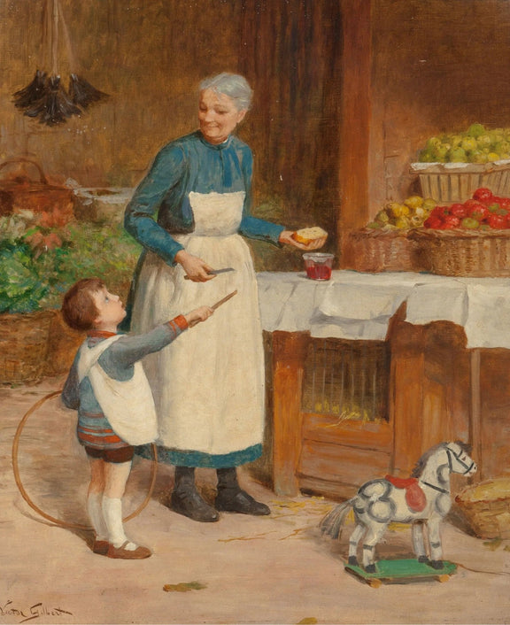 People Oil Painting - Elderly Woman and Child at Market - Oil Painting Haven