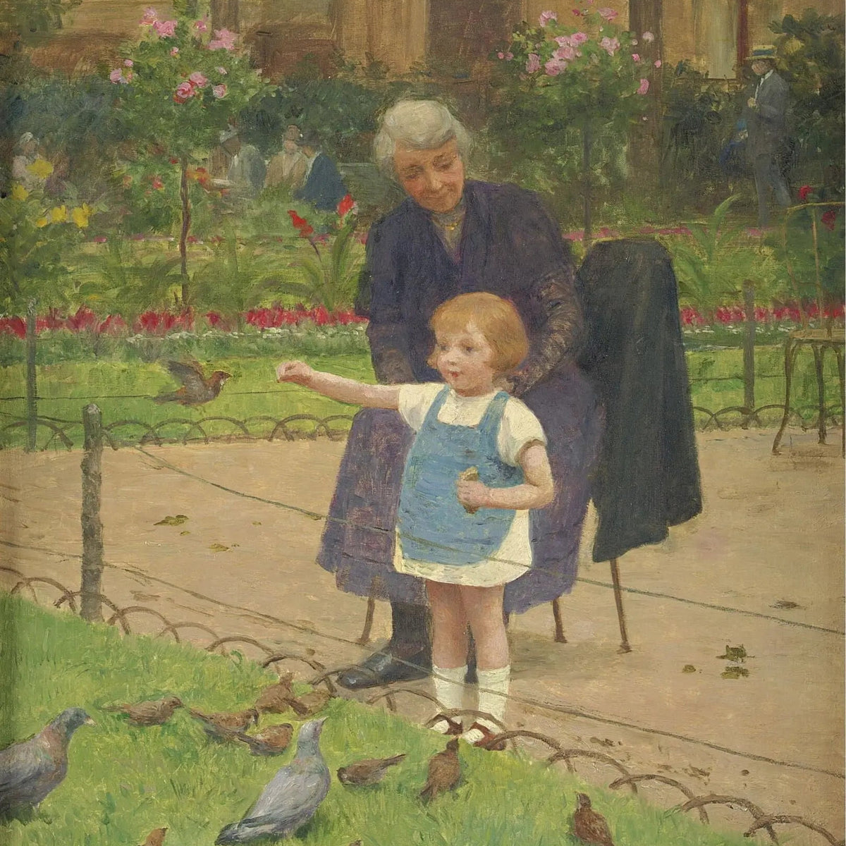 People Oil Painting - Elderly Woman and Child Feeding Birds - Oil Painting Haven