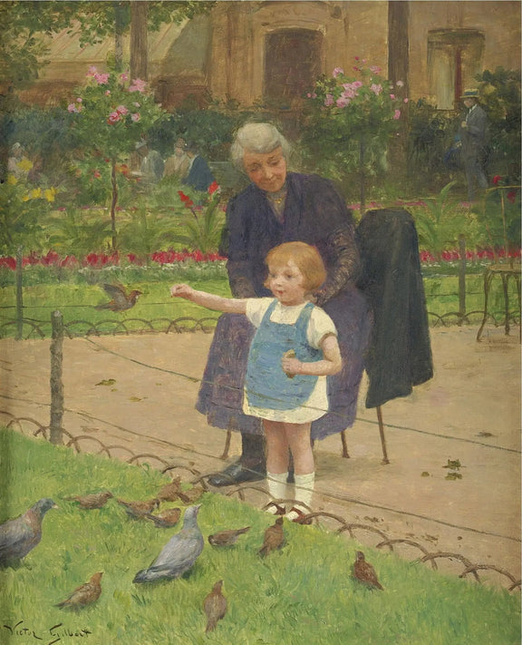 People Oil Painting - Elderly Woman and Child Feeding Birds - Oil Painting Haven