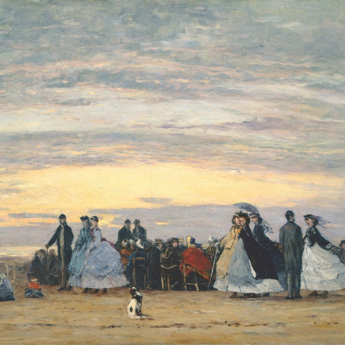 People Oil Painting - Elegant Crowd at Seaside Sunset Scene - Oil Painting Haven