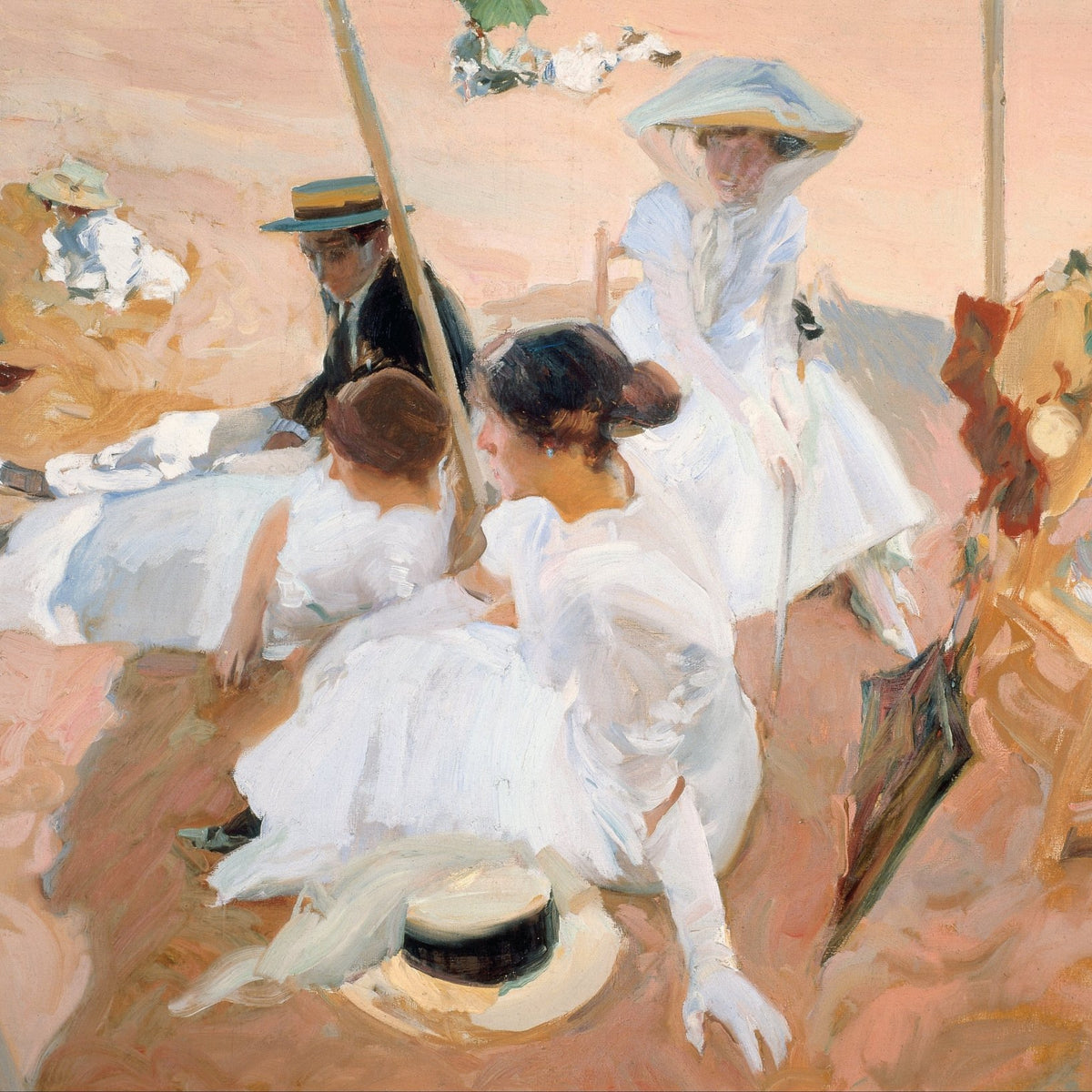People Oil Painting - Elegant Figures Resting on Sunlit Beach - Oil Painting Haven