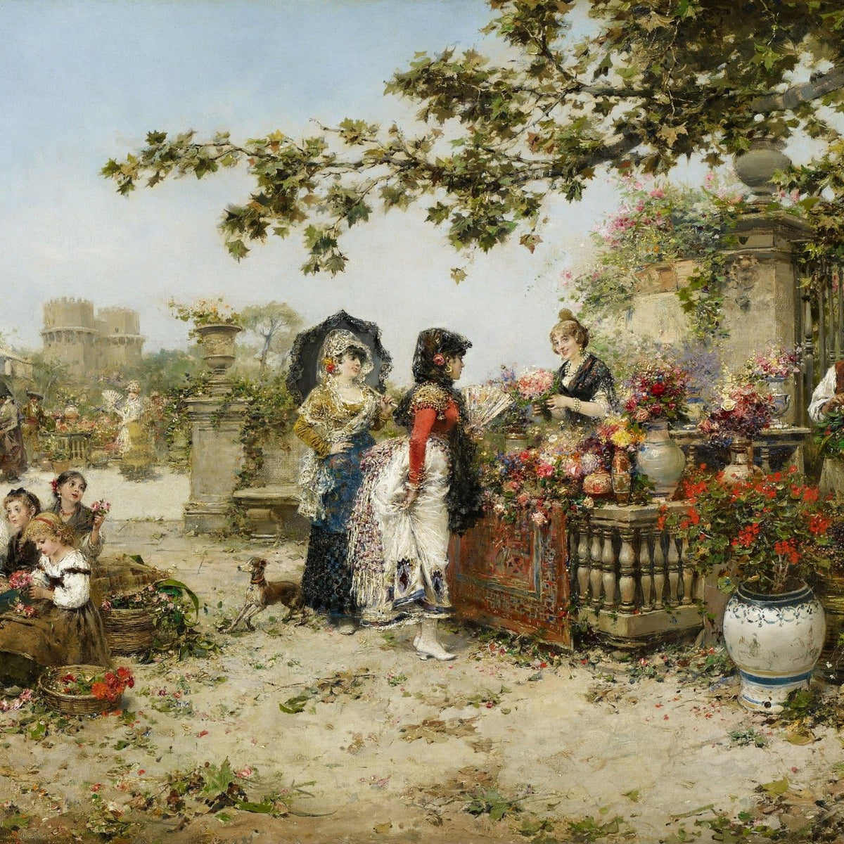 People Oil Painting - Elegant Flower Market Scene with Figures - Oil Painting Haven