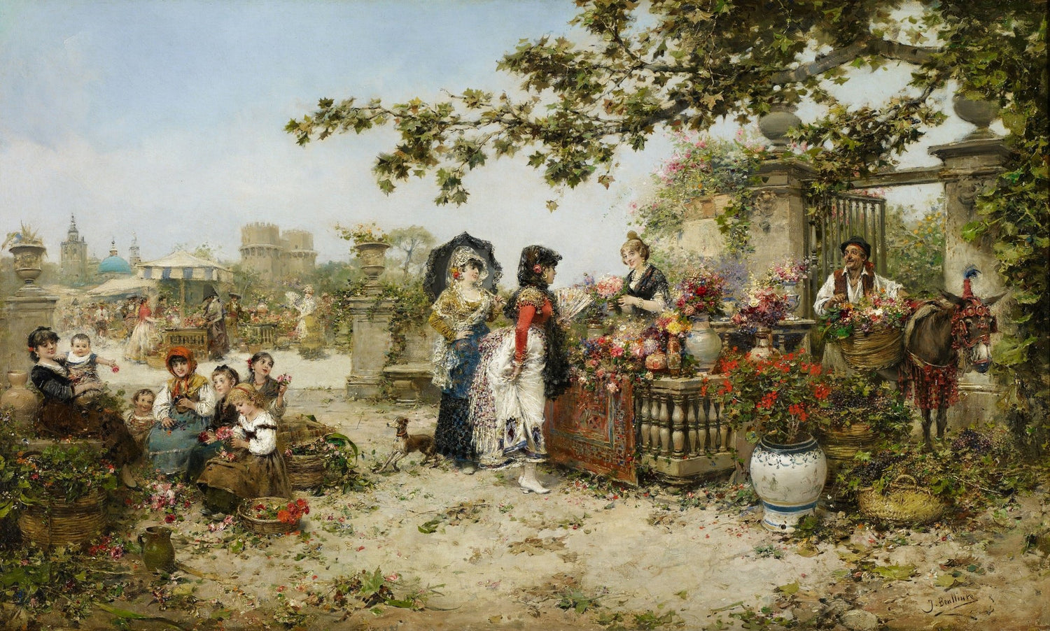 People Oil Painting - Elegant Flower Market Scene with Figures - Oil Painting Haven