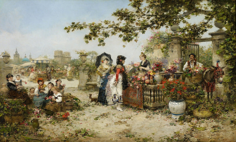 People Oil Painting - Elegant Flower Market Scene with Figures - Oil Painting Haven
