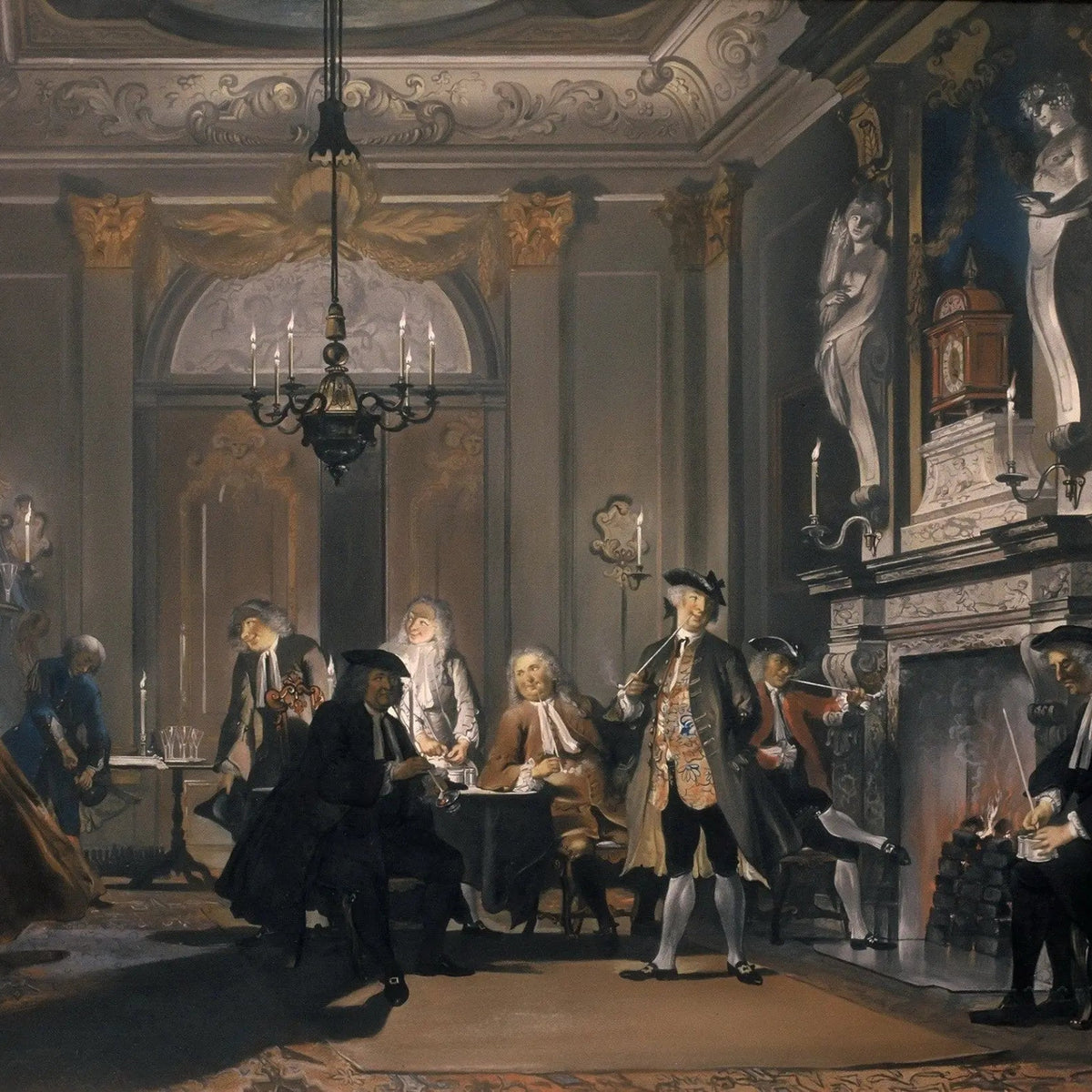 People Oil Painting - Elegant Indoor Gathering with Chandelier - Oil Painting Haven