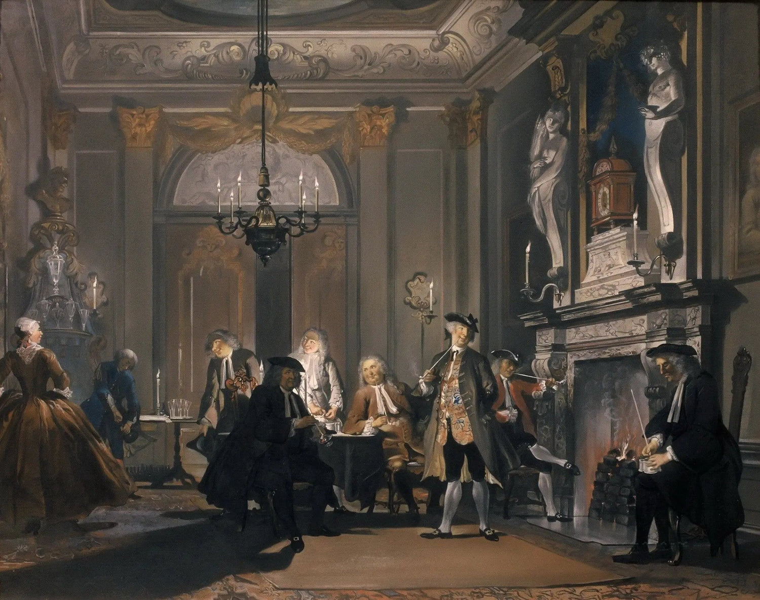 People Oil Painting - Elegant Indoor Gathering with Chandelier - Oil Painting Haven