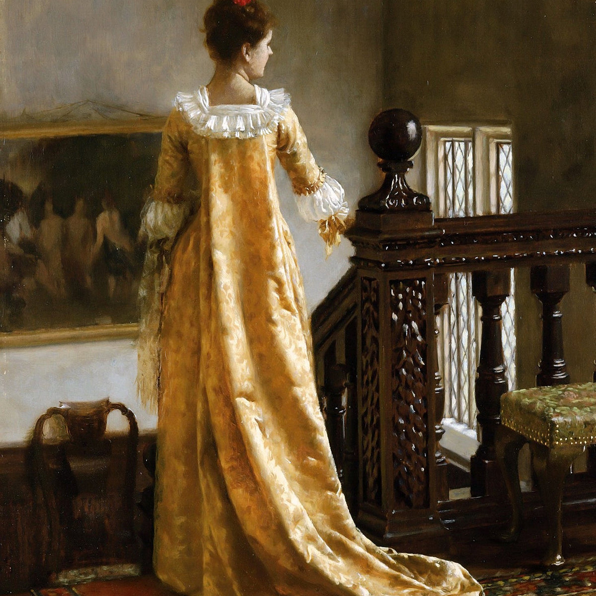 People Oil Painting - Elegant Lady in Golden Dress Interior - Oil Painting Haven