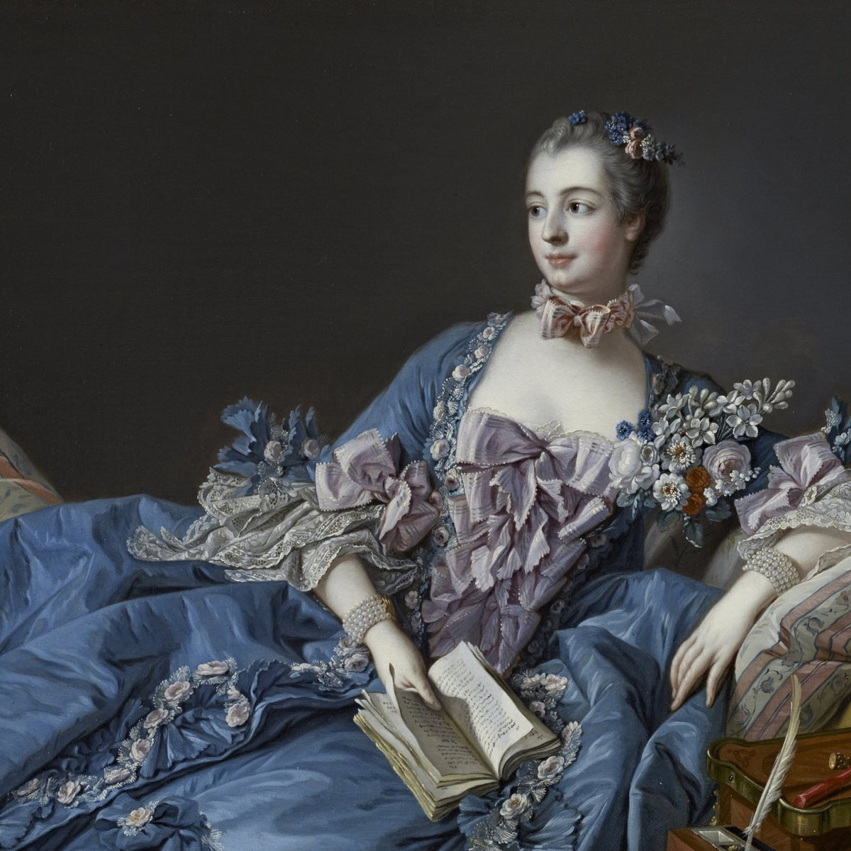 People Oil Painting - Elegant Lady Reading in Blue Dress - Oil Painting Haven