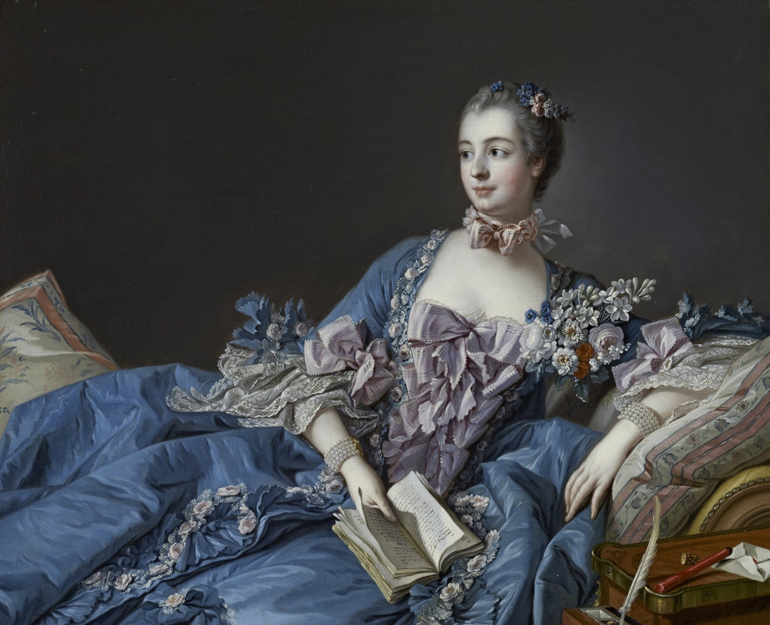 People Oil Painting - Elegant Lady Reading in Blue Dress - Oil Painting Haven