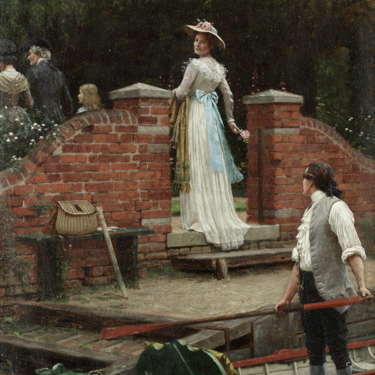 People Oil Painting - Elegant Woman at Riverside Garden Gate - Oil Painting Haven