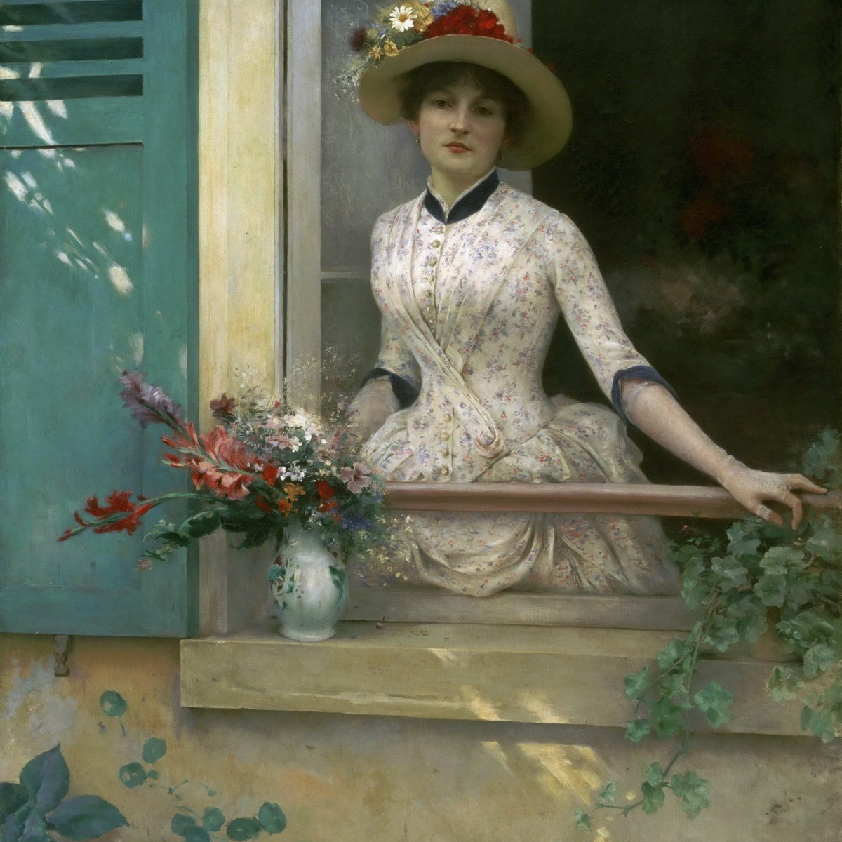 People Oil Painting - Elegant Woman at Window with Flowers - Oil Painting Haven