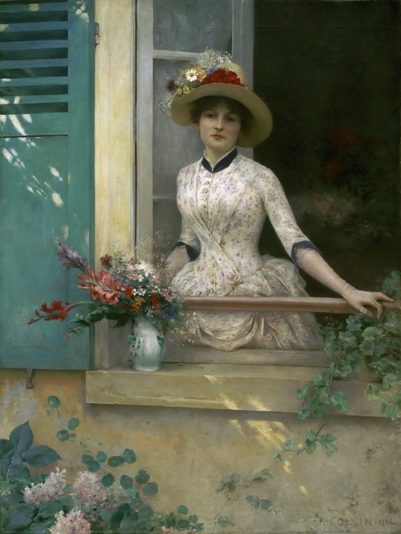 People Oil Painting - Elegant Woman at Window with Flowers - Oil Painting Haven
