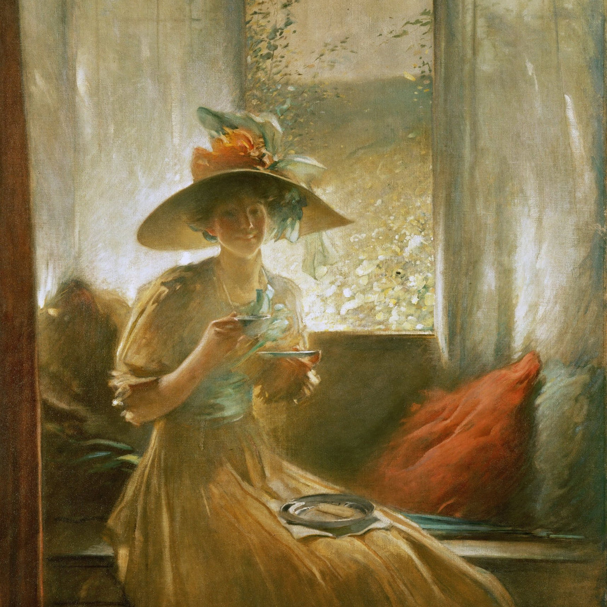 People Oil Painting - Elegant Woman with Tea by Window - Oil Painting Haven