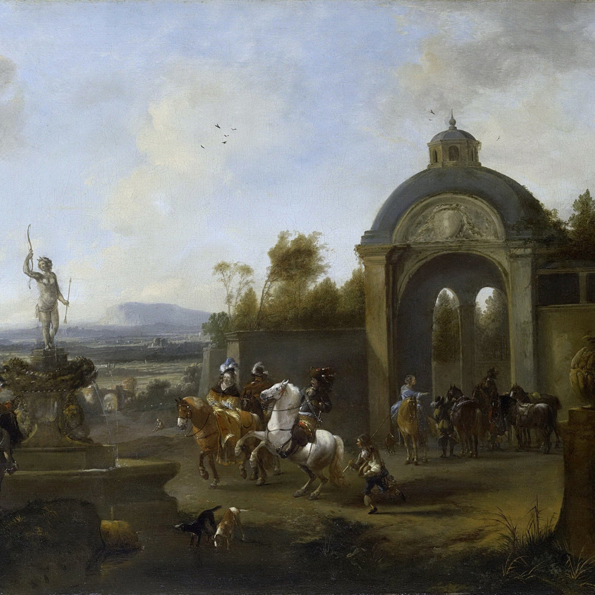 People Oil Painting - Equestrian Figures at Classical Fountain - Oil Painting Haven