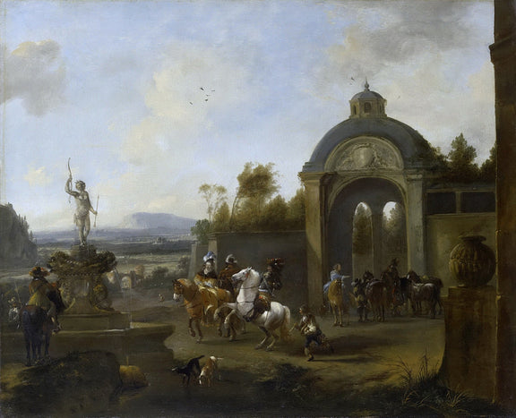 People Oil Painting - Equestrian Figures at Classical Fountain - Oil Painting Haven