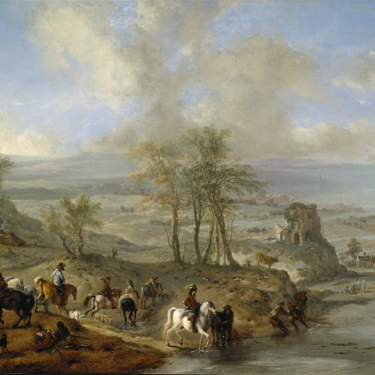 People Oil Painting - Equestrian Hunt and River Landscape Scene - Oil Painting Haven