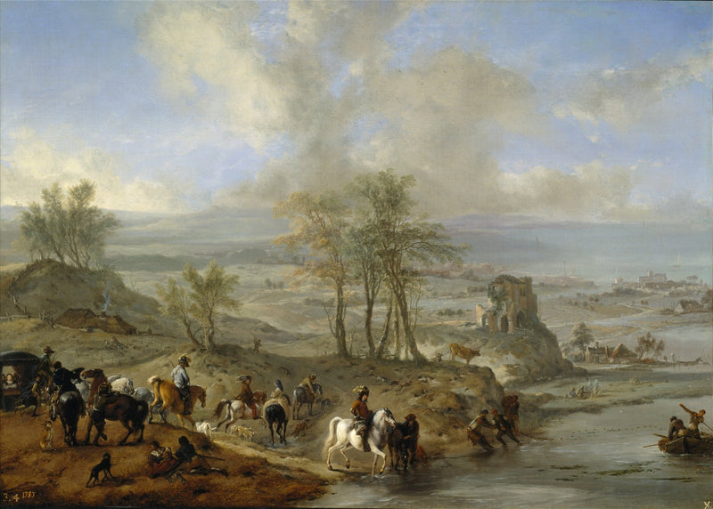 People Oil Painting - Equestrian Hunt and River Landscape Scene - Oil Painting Haven