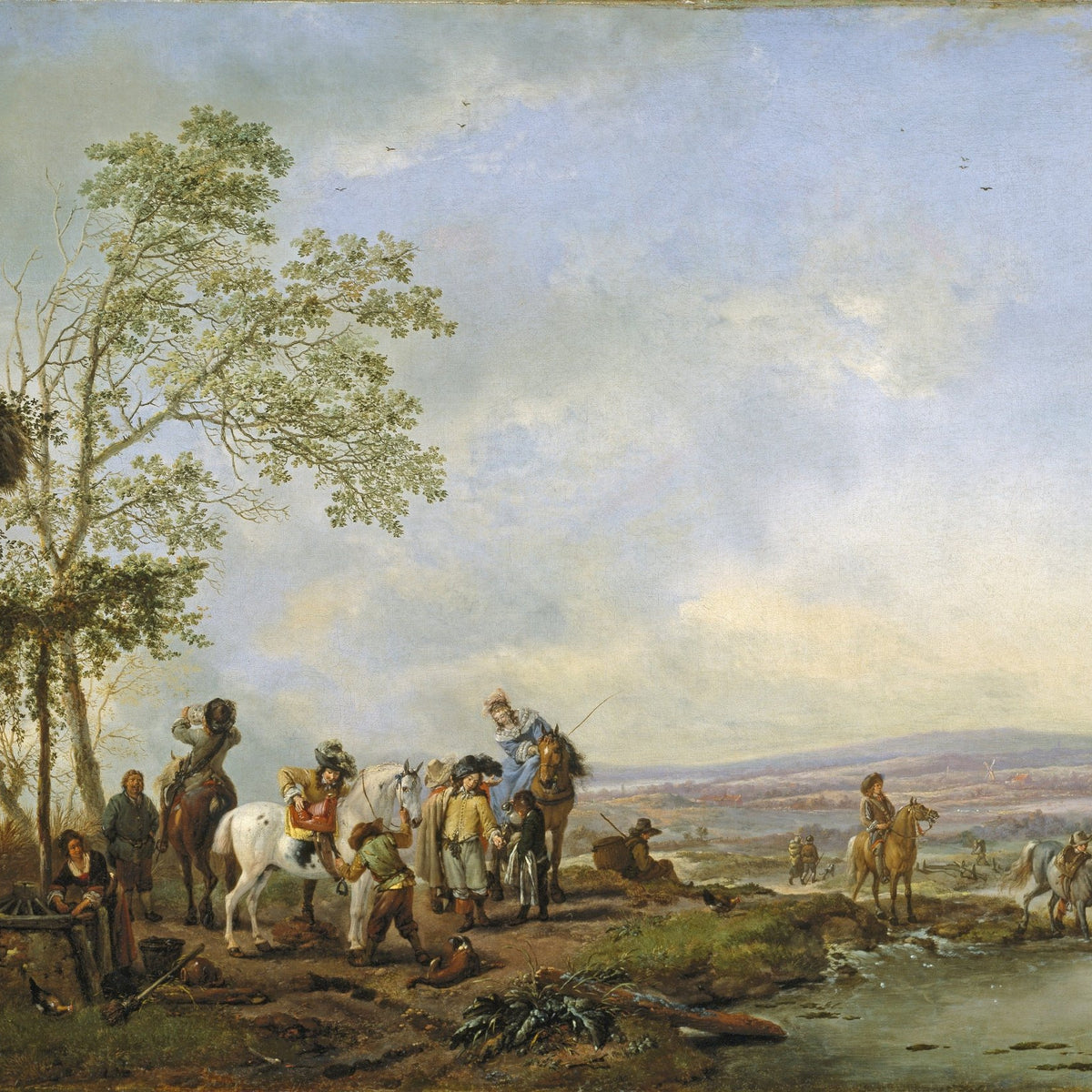 People Oil Painting - Equestrian Rest Scene by Riverside - Oil Painting Haven