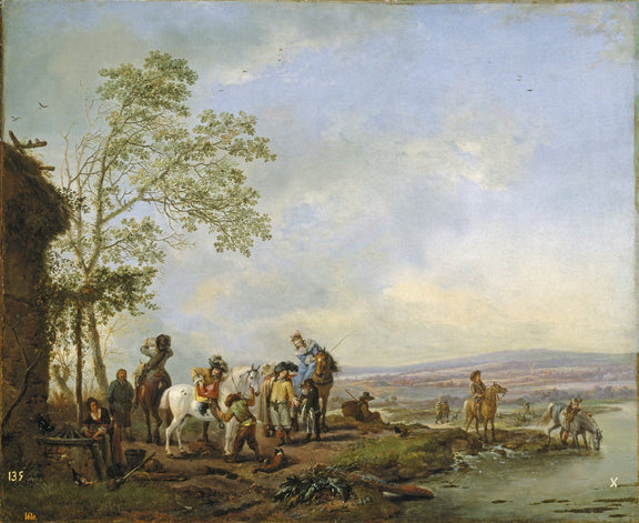 People Oil Painting - Equestrian Rest Scene by Riverside - Oil Painting Haven