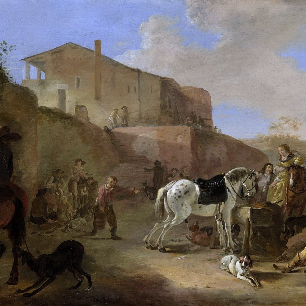 People Oil Painting - Equestrian Village Scene with Figures - Oil Painting Haven
