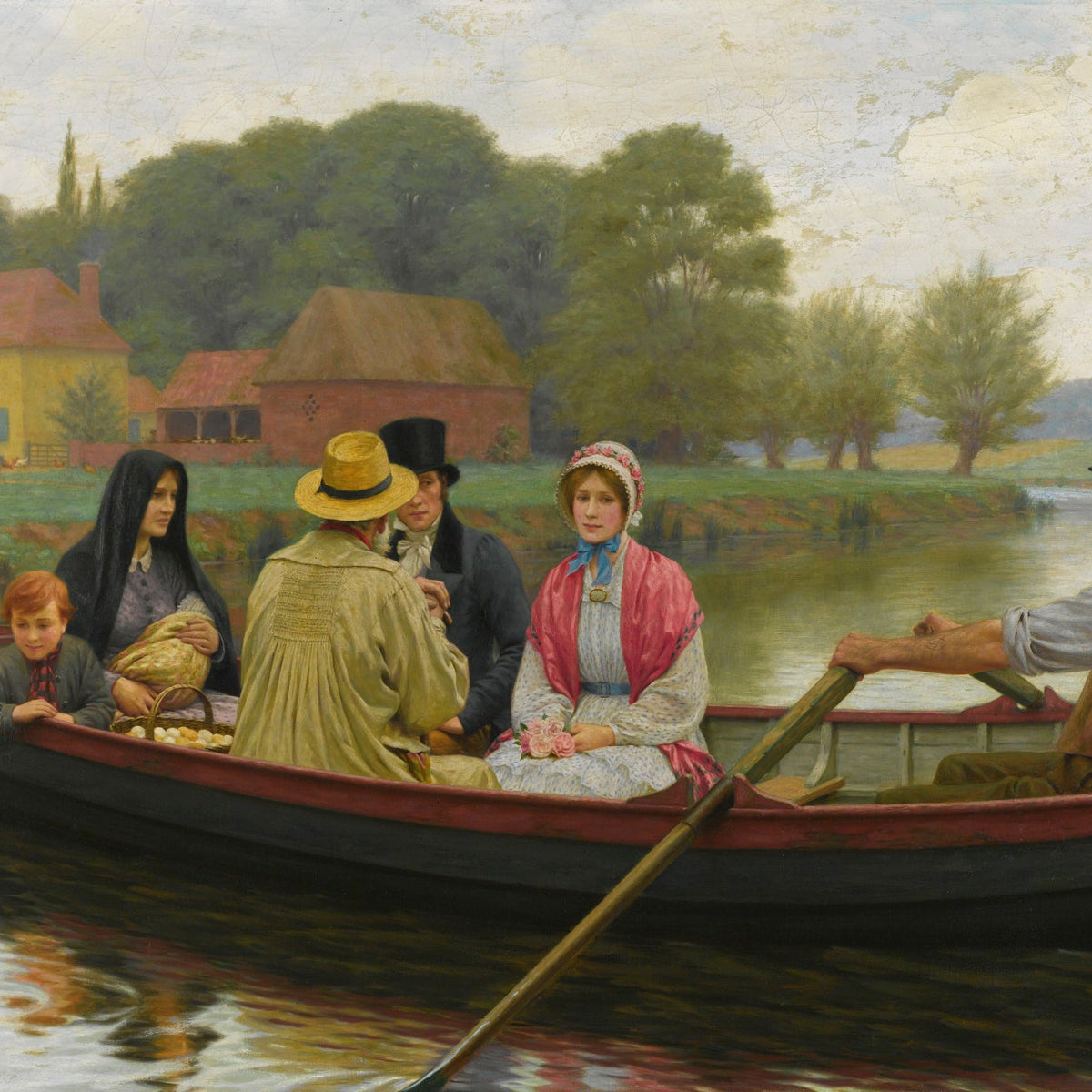 People Oil Painting - Family Boat Scene on Peaceful River - Oil Painting Haven