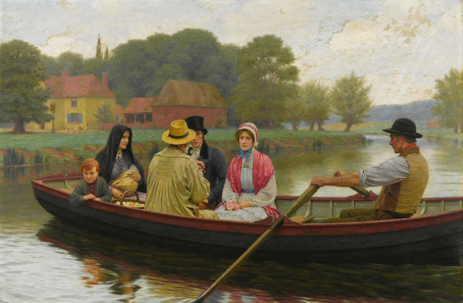 People Oil Painting - Family Boat Scene on Peaceful River - Oil Painting Haven