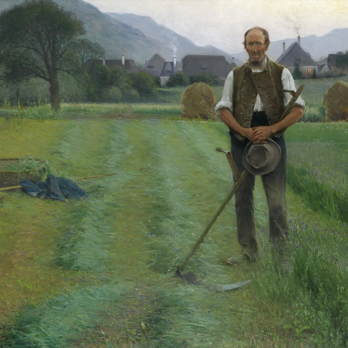 People Oil Painting - Farmer with Scythe in Countryside Field - Oil Painting Haven