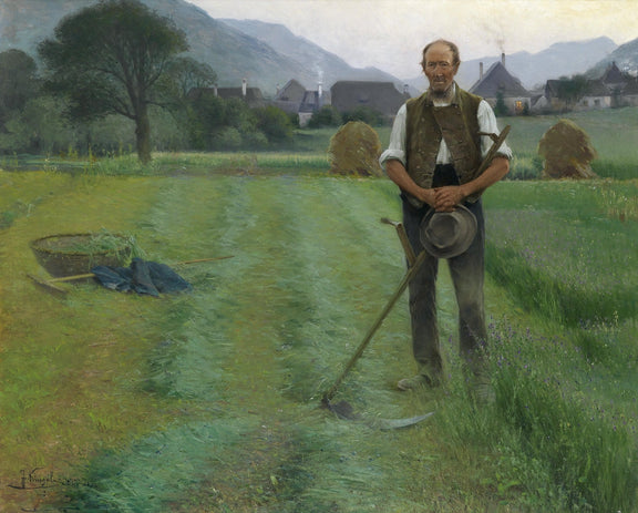 People Oil Painting - Farmer with Scythe in Countryside Field - Oil Painting Haven