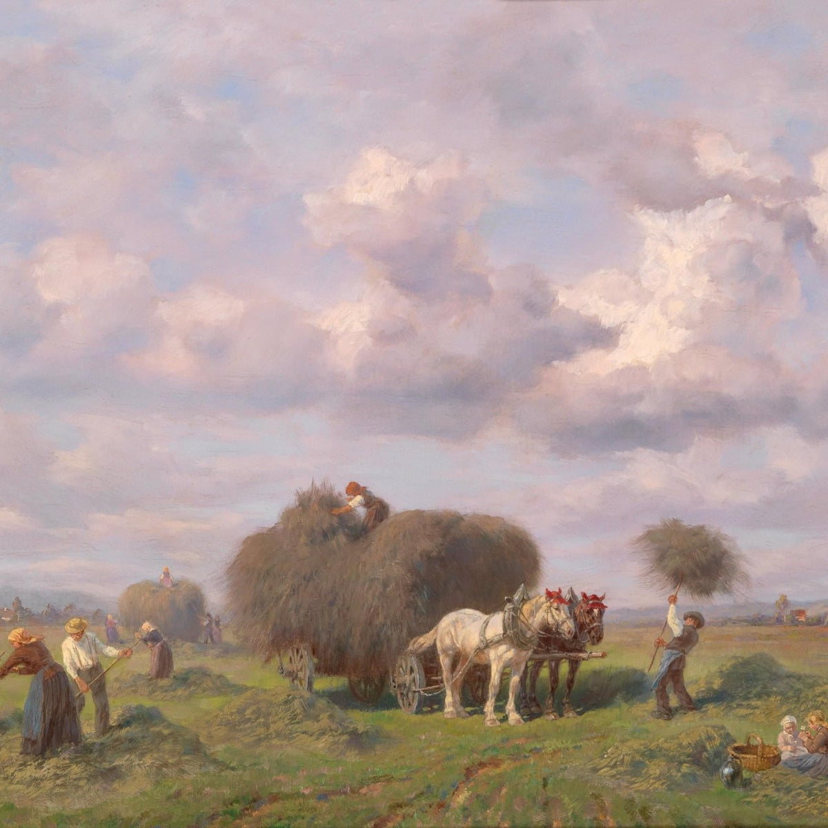 People Oil Painting - Farmers Harvesting Hay in Rural Field - Oil Painting Haven