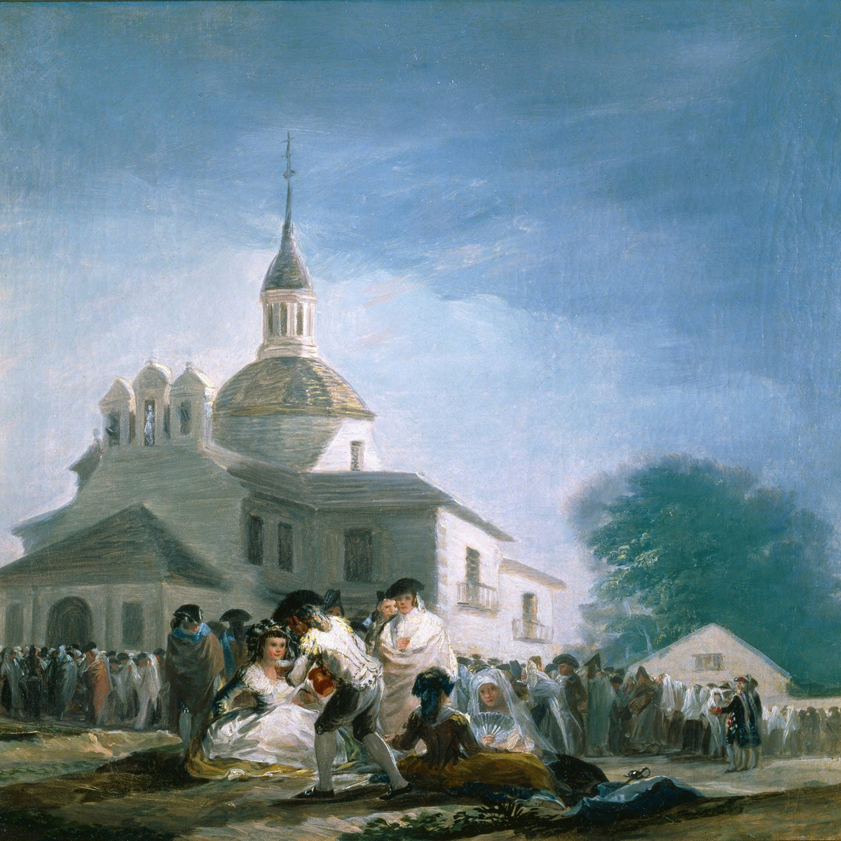 People Oil Painting - Festival Crowd by Church Scene - Oil Painting Haven