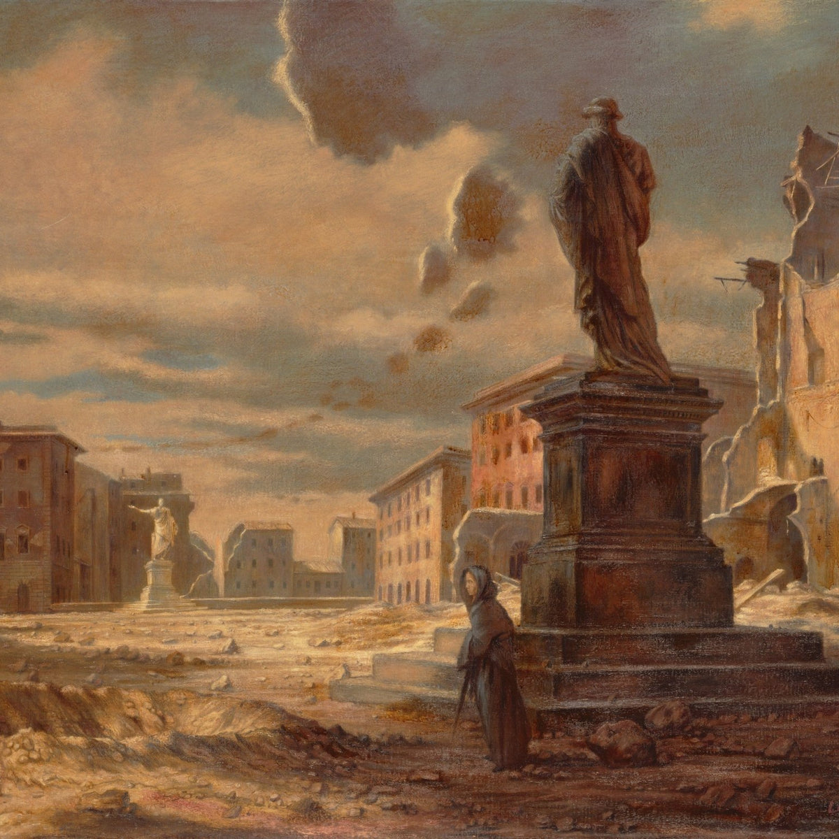 People Oil Painting - Figure in Ruined City Square Scene - Oil Painting Haven