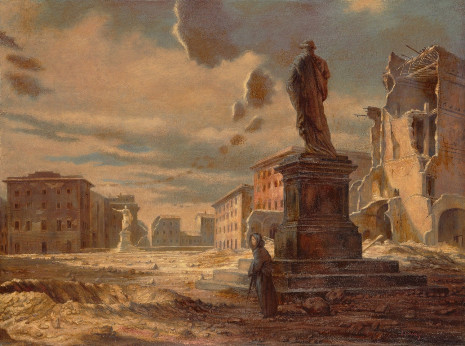 People Oil Painting - Figure in Ruined City Square Scene - Oil Painting Haven