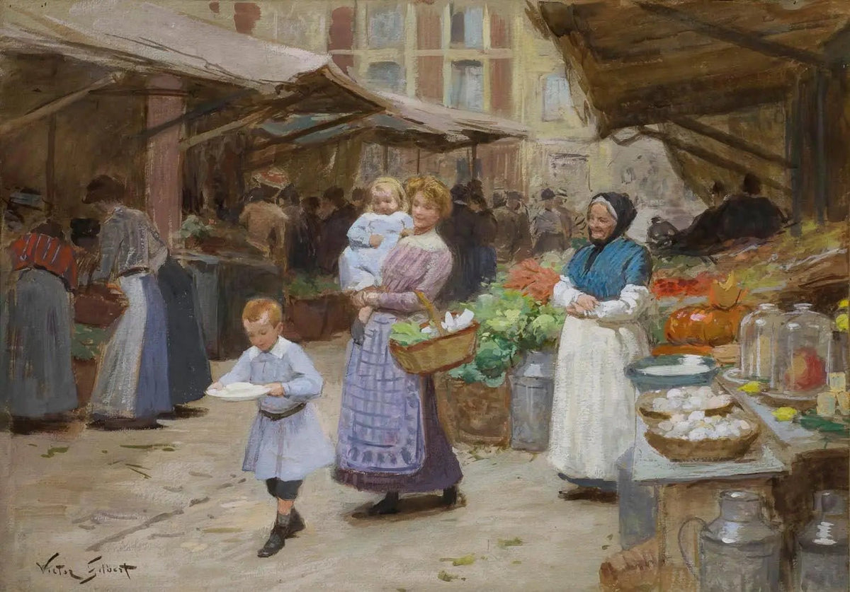 People Oil Painting - Figures at Busy Market - Oil Painting Haven