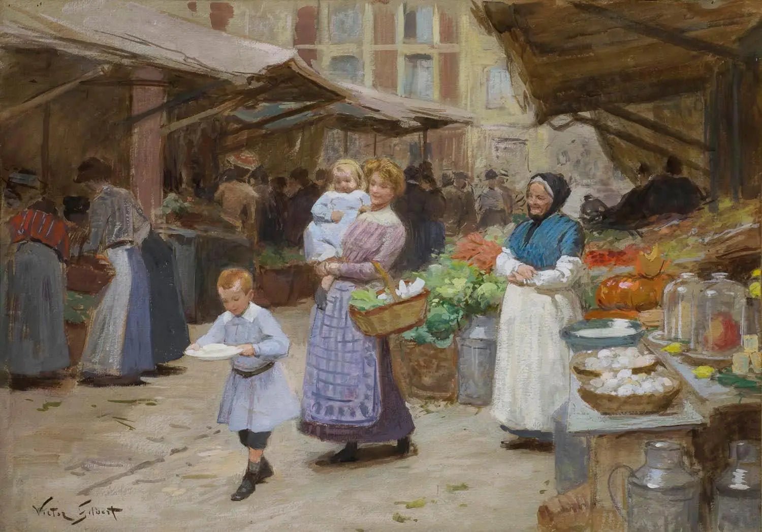 People Oil Painting - Figures at Busy Market - Oil Painting Haven