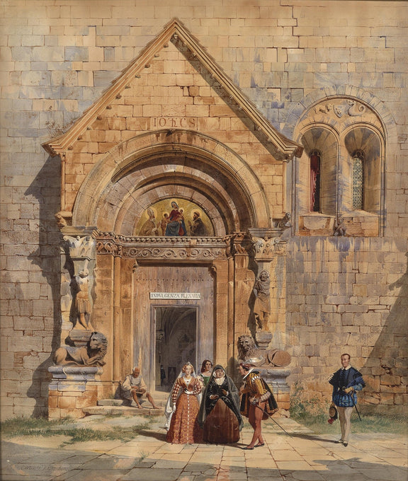 People Oil Painting - Figures at Historic Church Entrance - Oil Painting Haven
