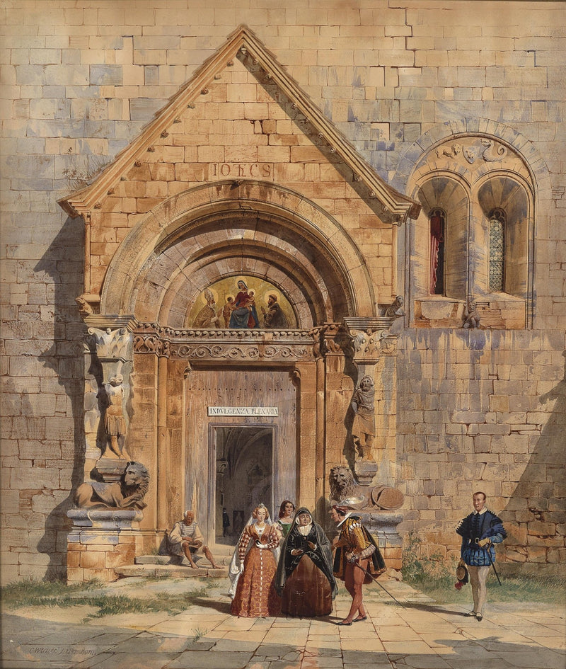 People Oil Painting - Figures at Historic Church Entrance - Oil Painting Haven