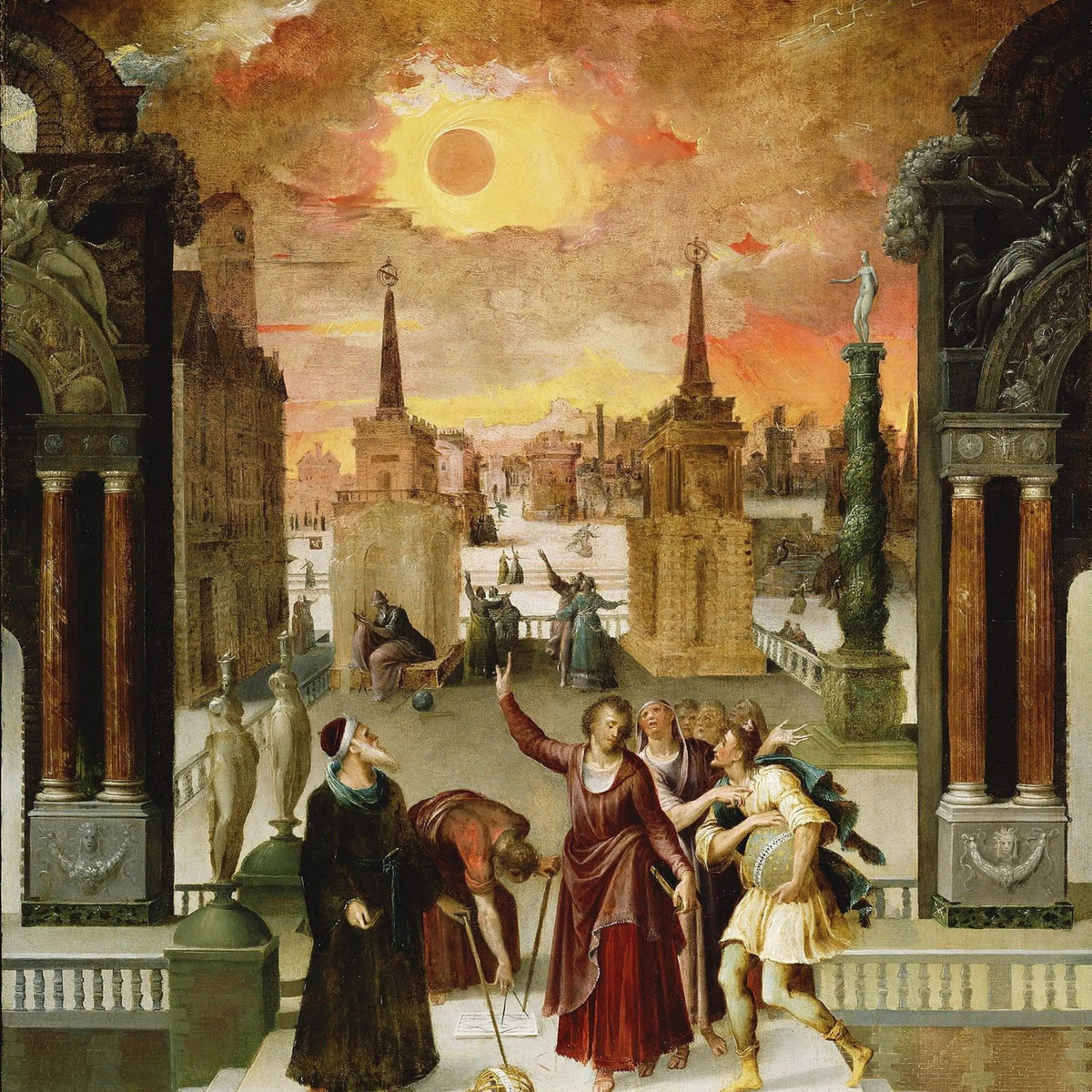 People Oil Painting - Figures in Architectural Scene with Eclipse - Oil Painting Haven