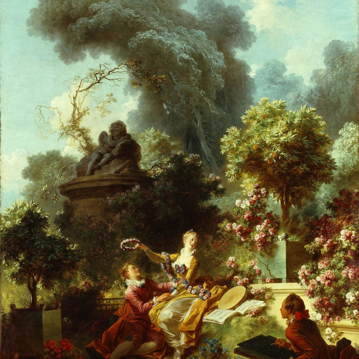 People Oil Painting - Figures in Floral Garden with Statue - Oil Painting Haven